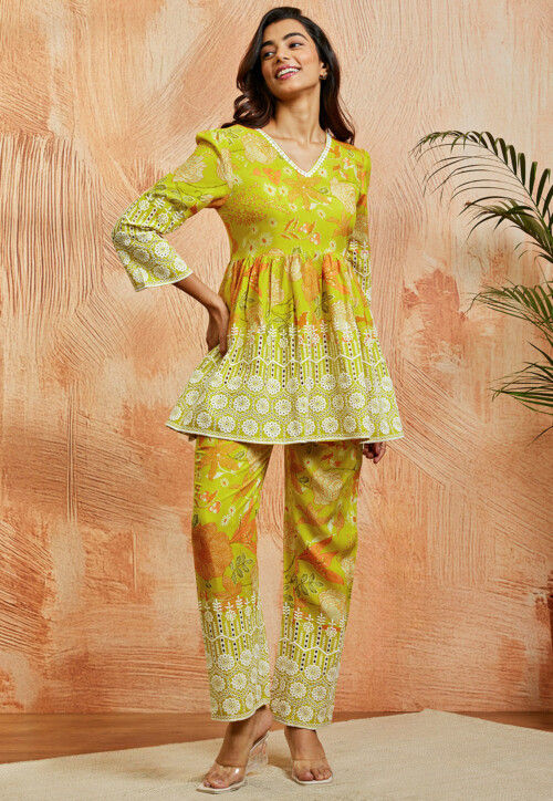 Digital Printed Pure Chanderi Cotton Co Ord Set in Green