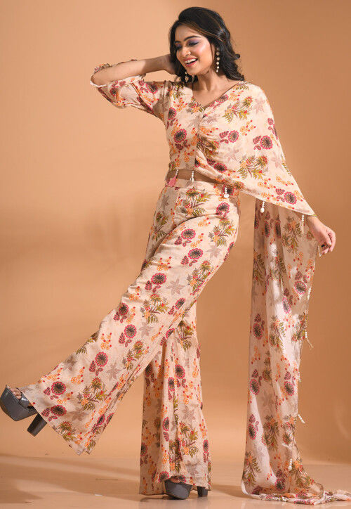 Digital Printed Pure Chiffon Crop Top Set in Light Beige