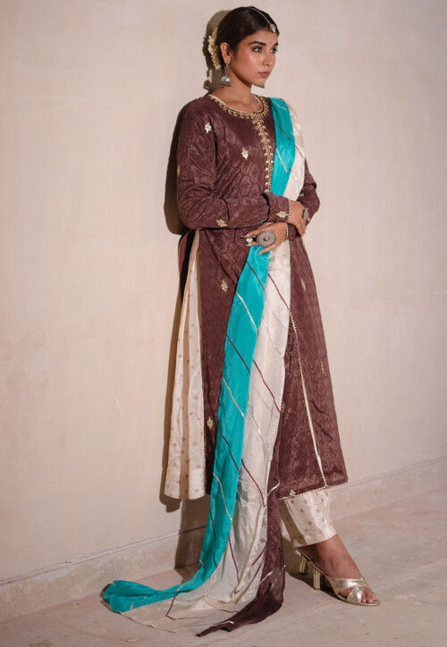 Digital Printed Pure Chinon Chiffon Pakistani Suit in Dark Brown