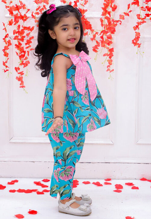 Digital Printed Pure Cotton A Line Kurta Set in Blue