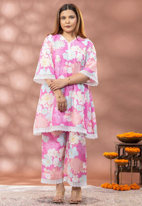 Digital Printed Pure Cotton A Line Kurta Set in Pink