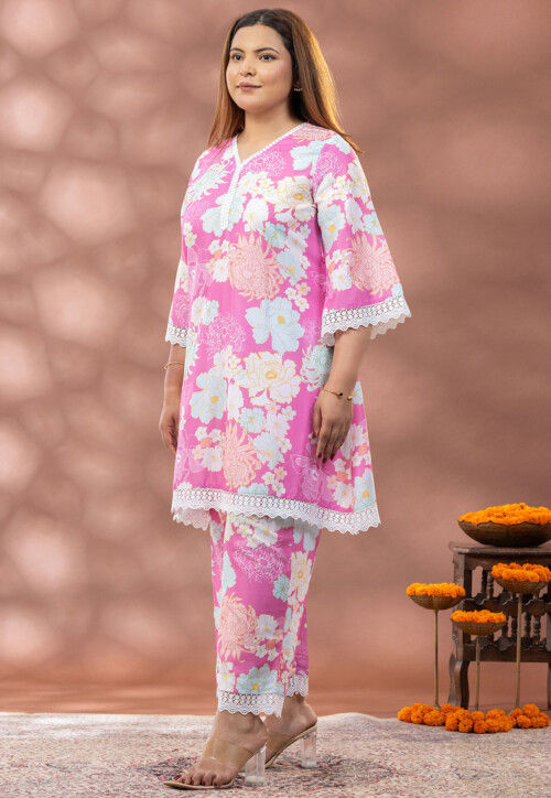 Digital Printed Pure Cotton A Line Kurta Set in Pink