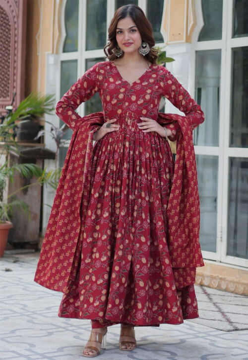 Digital Printed Pure Cotton A Line Suit in Maroon