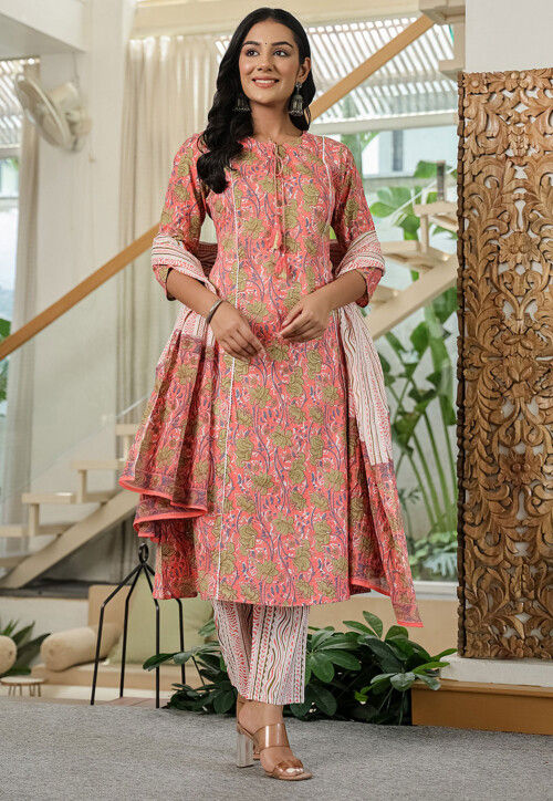 Digital Printed Pure Cotton A Line Suit in Pink