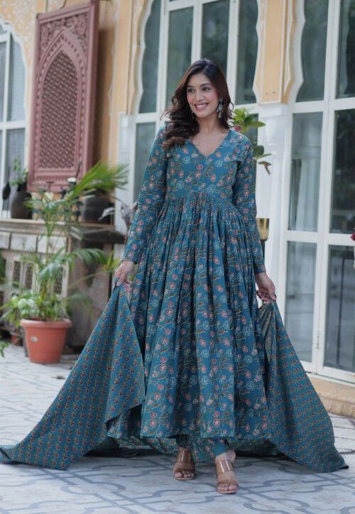 Digital Printed Pure Cotton A Line Suit in Teal Blue