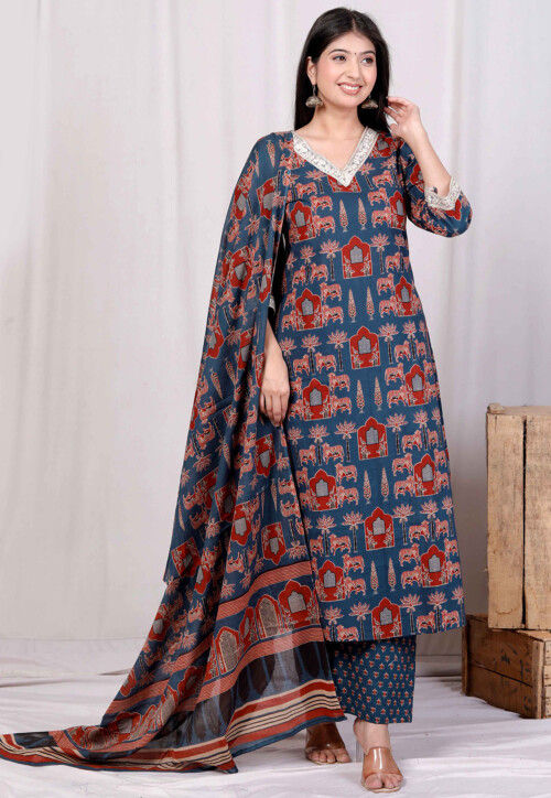 Digital Printed Pure Cotton A Line Suit in Teal Blue