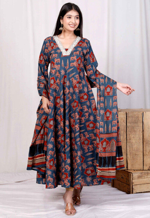 Digital Printed Pure Cotton A Line Suit in Teal Blue