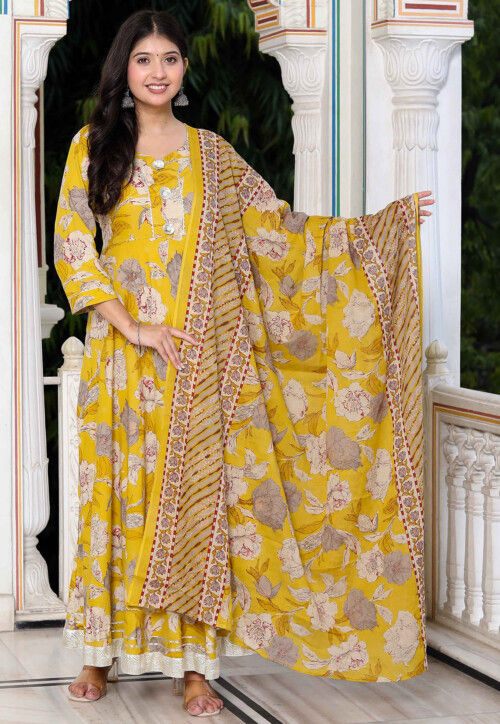 Digital Printed Pure Cotton Abaya Style Suit in Yellow
