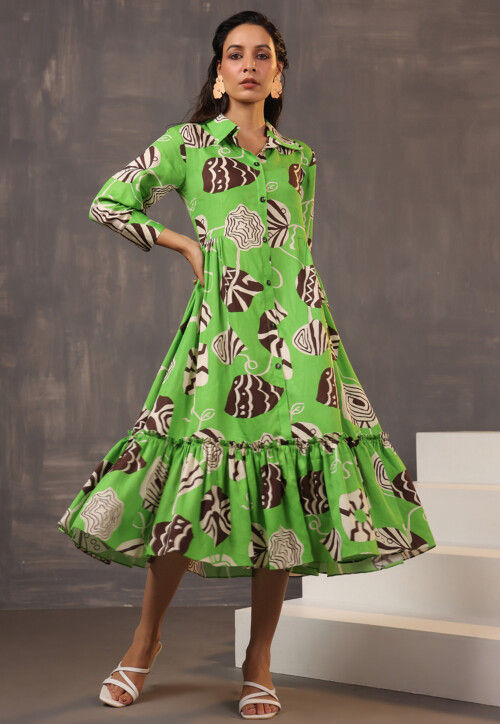 Buy Digital Printed Pure Cotton Aline Dress in Light Green Online : TKK699  - Utsav Fashion
