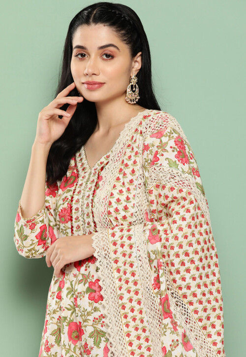 Digital Printed Pure Cotton Anarkali Suit in Off White : KJL1007