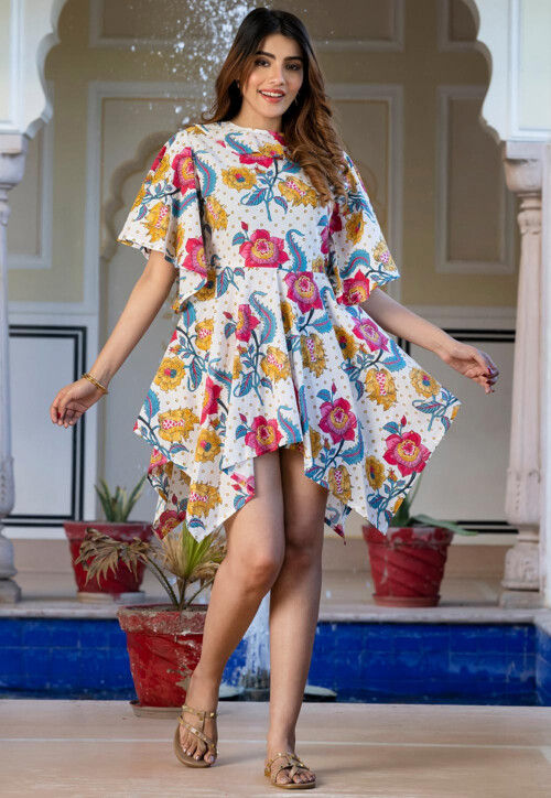 Digital Printed Pure Cotton Asymmetric Dress in White