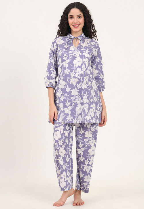 Digital Printed Pure Cotton Co Ord Set in Light Purple