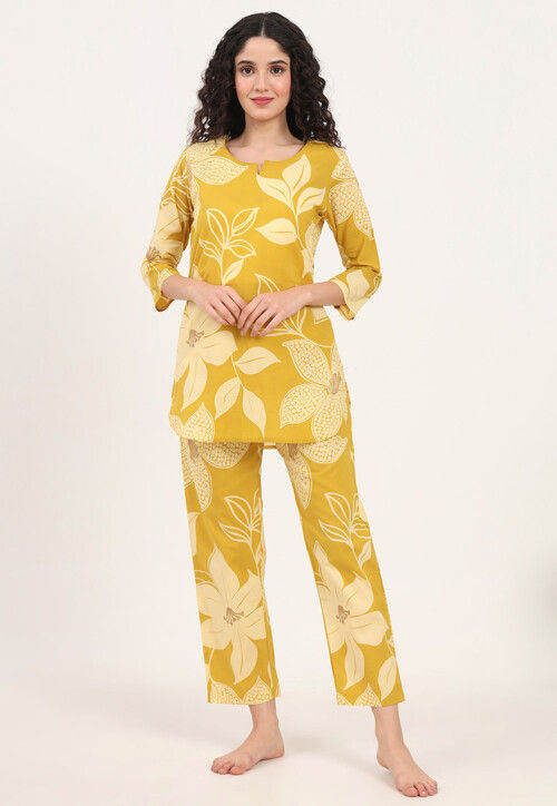 Digital Printed Pure Cotton Co Ord Set in Mustard