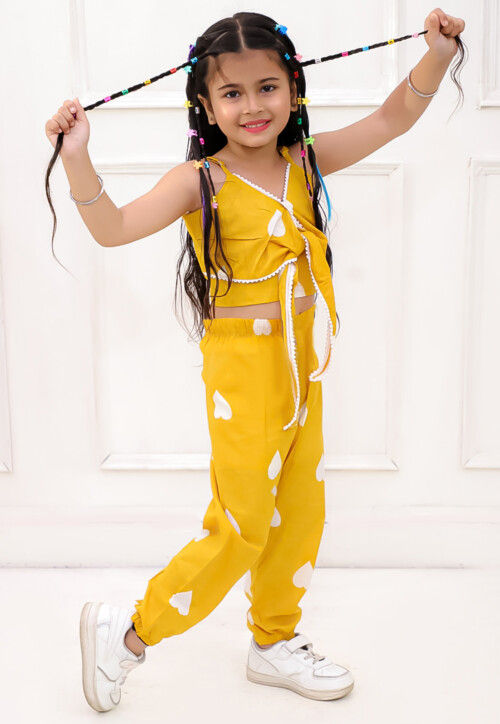 Digital Printed Pure Cotton Crop Top Set in Mustard