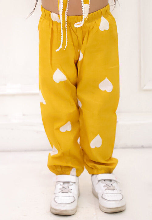 Digital Printed Pure Cotton Crop Top Set in Mustard