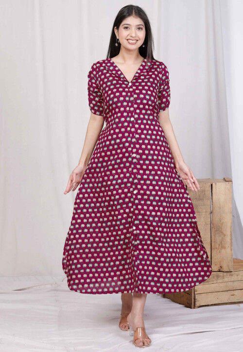 Digital Printed Pure Cotton Dress in Magenta