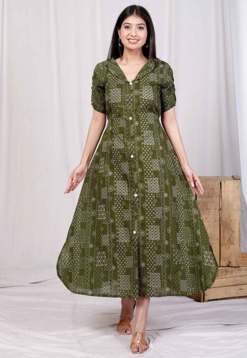 Digital Printed Pure Cotton Dress in Olive Green