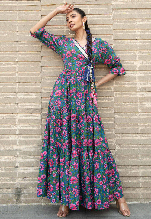 Digital Printed Pure Cotton Gown in Teal Blue