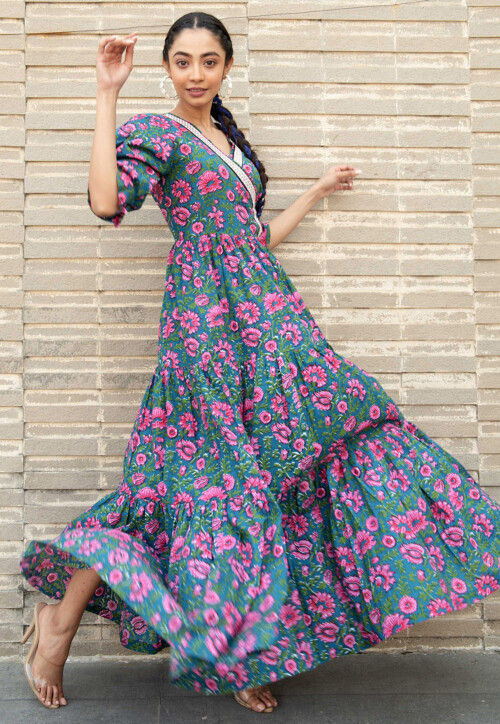 Digital Printed Pure Cotton Gown in Teal Blue