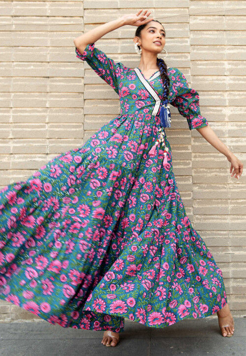 Digital Printed Pure Cotton Gown in Teal Blue