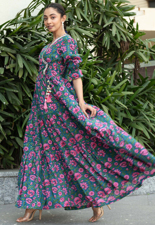 Digital Printed Pure Cotton Gown in Teal Blue