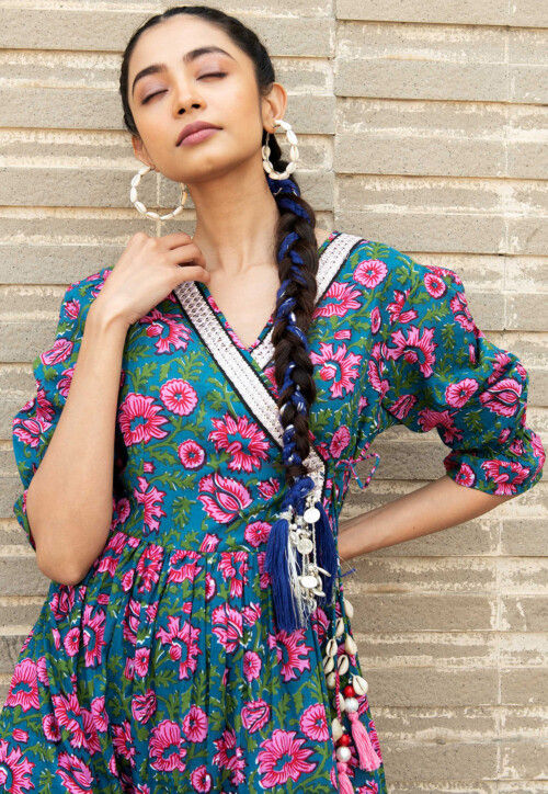 Digital Printed Pure Cotton Gown in Teal Blue