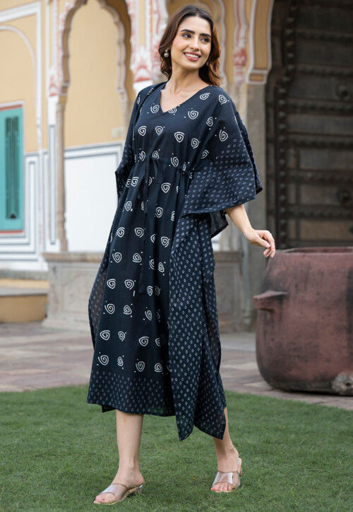 Digital Printed Pure Cotton Kaftan Dress in Navy Blue