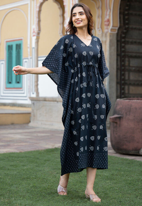 Digital Printed Pure Cotton Kaftan Dress in Navy Blue