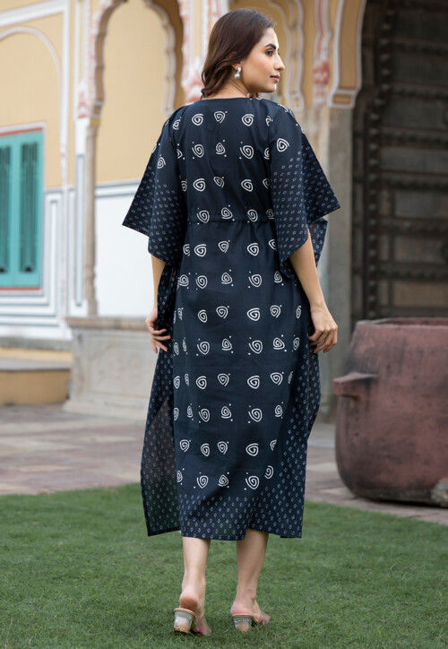 Digital Printed Pure Cotton Kaftan Dress in Navy Blue