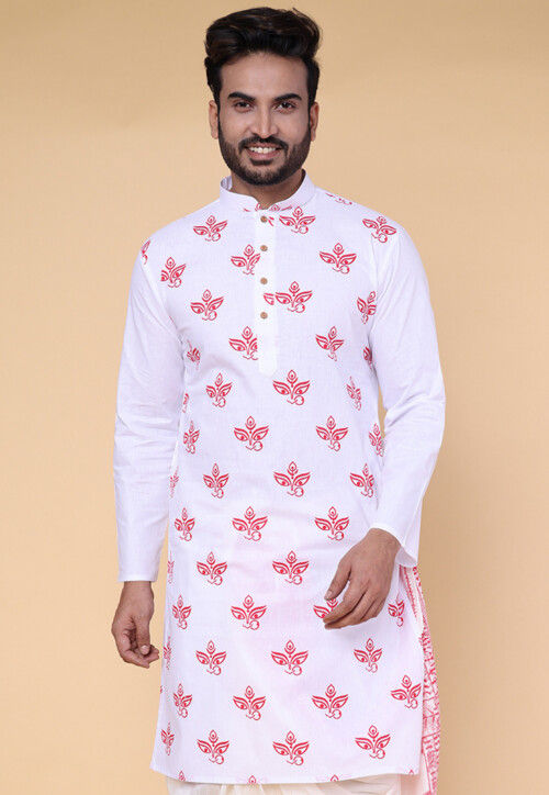 Digital Printed Pure Cotton Kurta in White