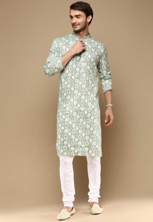Digital Printed Pure Cotton Kurta Set in Dusty Green