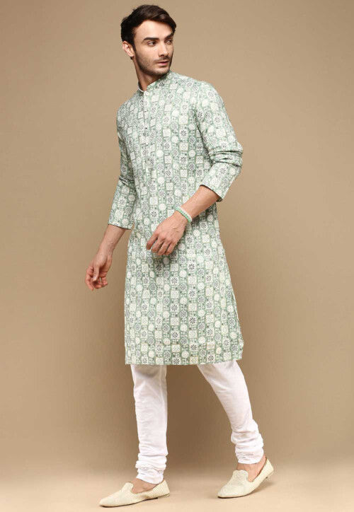 Digital Printed Pure Cotton Kurta Set in Dusty Green
