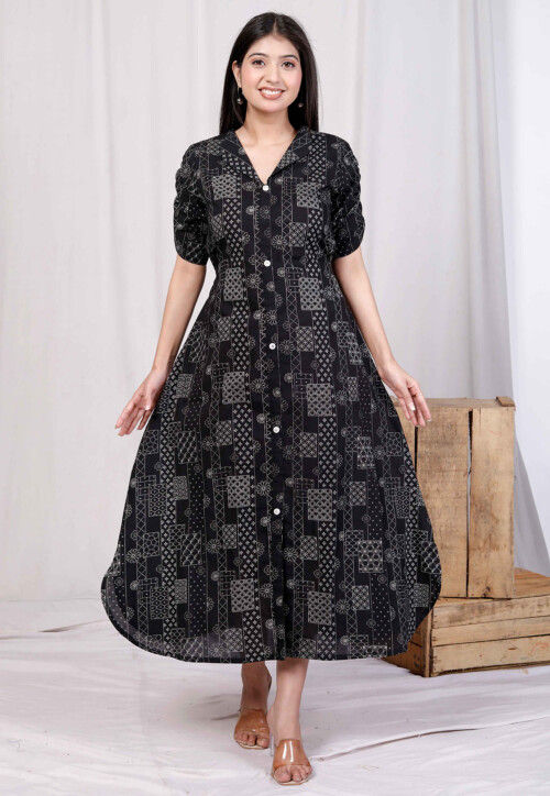 Digital Printed Pure Cotton Midi Dress in Black