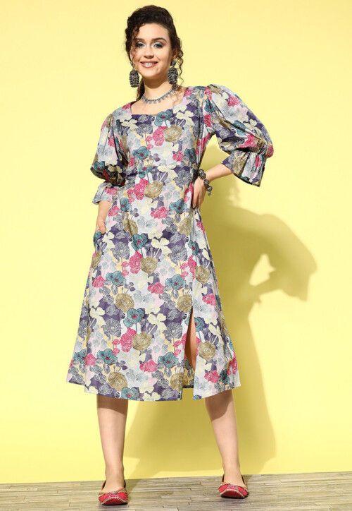 Digital Printed Pure Cotton Midi Dress in Multicolor : TXR677