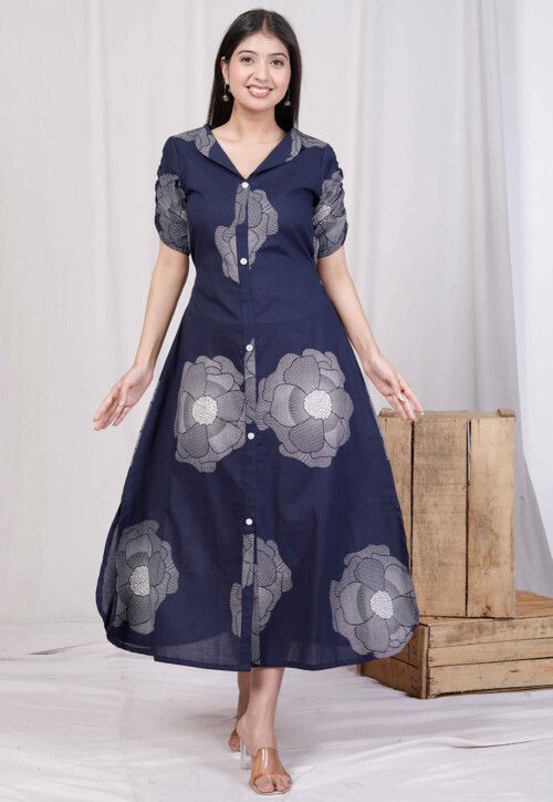 Digital Printed Pure Cotton Midi Dress in Navy Blue