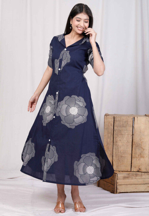 Digital Printed Pure Cotton Midi Dress in Navy Blue