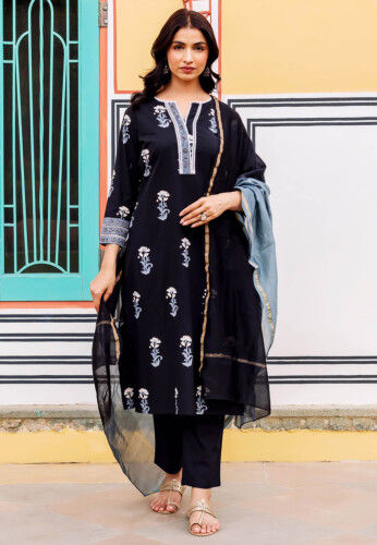 Digital Printed Pure Cotton Pakistani Suit in Black