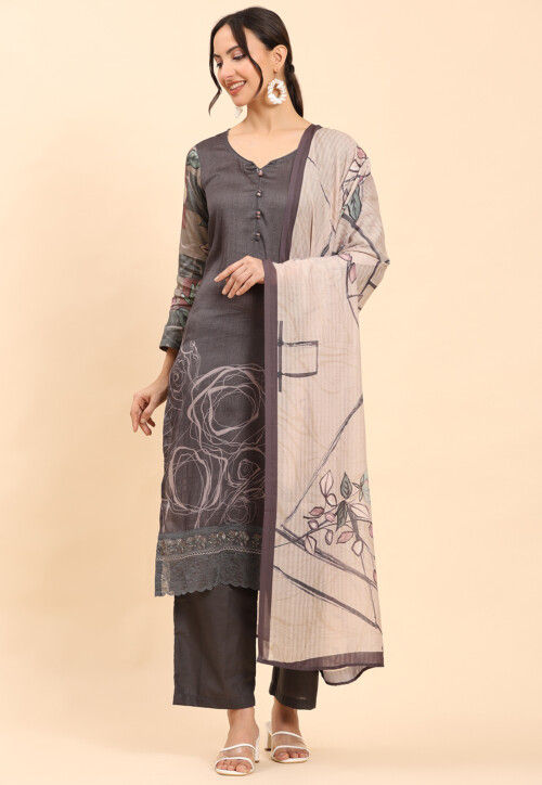 Digital Printed Pure Cotton Pakistani Suit in Dark Grey