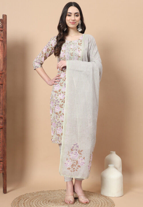 Digital Printed Pure Cotton Pakistani Suit in Dusty Green