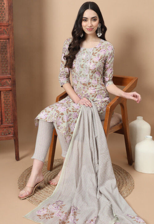 Digital Printed Pure Cotton Pakistani Suit in Dusty Green