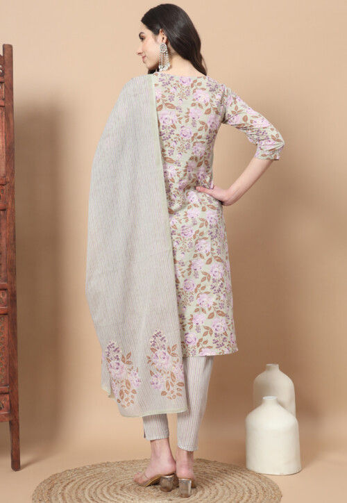 Digital Printed Pure Cotton Pakistani Suit in Dusty Green