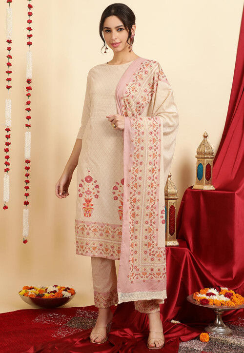 Digital Printed Pure Cotton Pakistani Suit in Light Beige