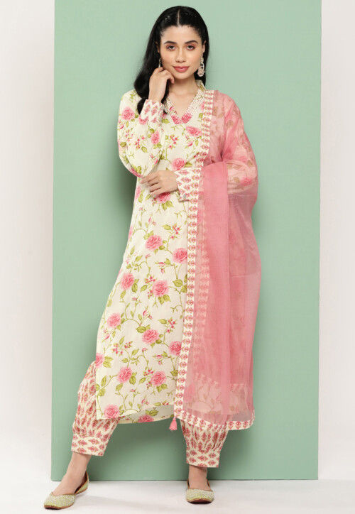 Buy Dignified Beige Print Work Punjabi Suit | Punjabi Patiala Suits