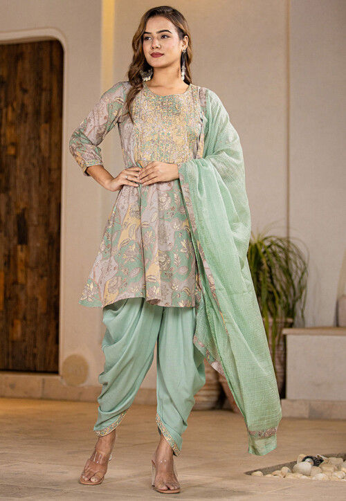 UtsavFashion Digital Printed Pure Cotton Punjabi Suit in Light Fawn and Pastel Green