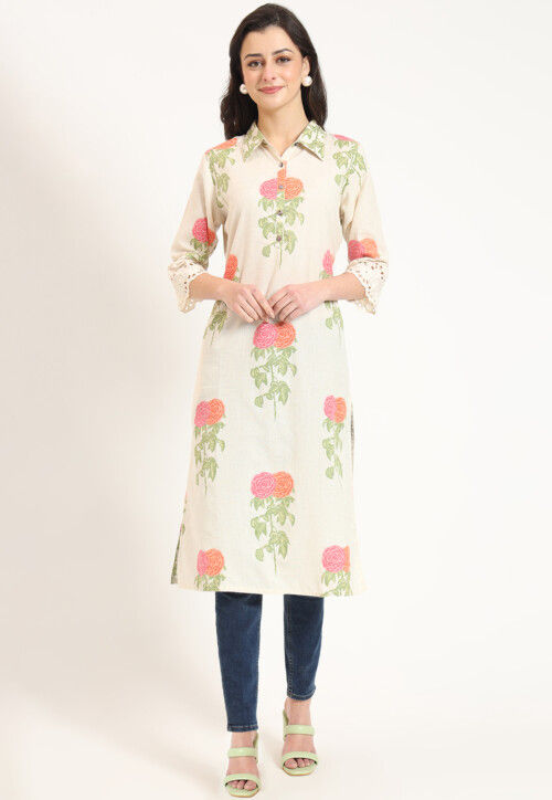 Digital Printed Pure Cotton Straight Kurta in Light Beige