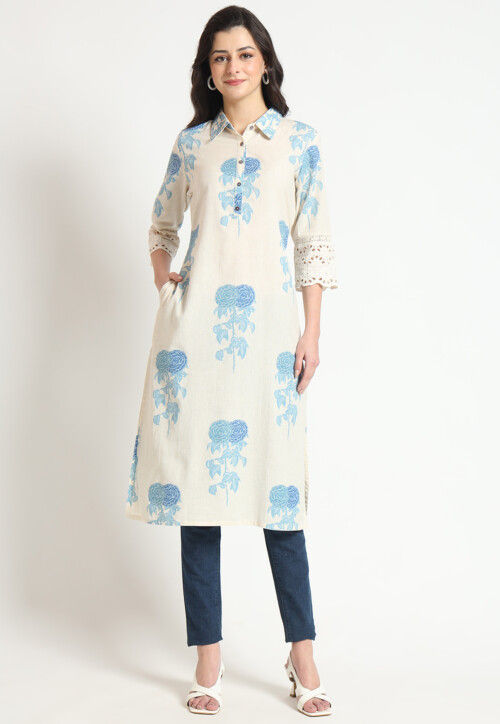 Digital Printed Pure Cotton Straight Kurta in Light Beige