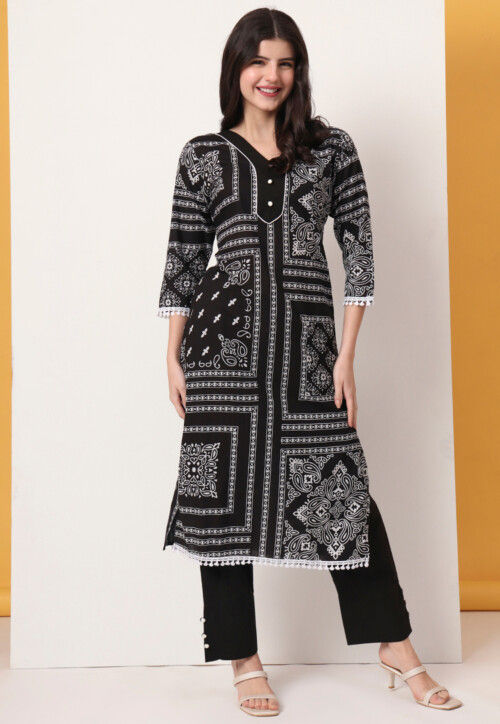 Digital Printed Pure Cotton Straight Kurta Set in Black