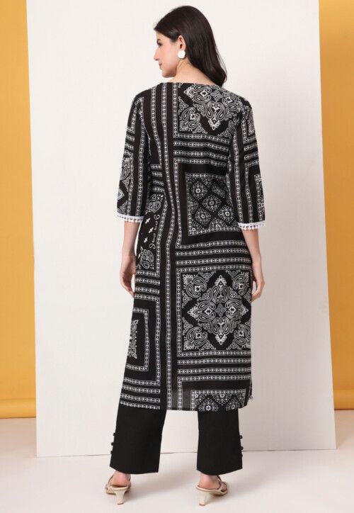 Digital Printed Pure Cotton Straight Kurta Set in Black