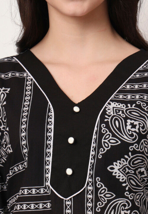Digital Printed Pure Cotton Straight Kurta Set in Black