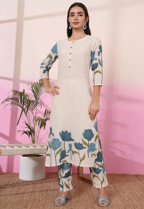 Digital Printed Pure Cotton Co Ord Set in Cream
